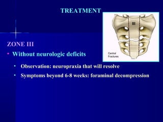 TREATMENT 
ZONE III 
• Without neurologic deficits 
• Observation: neuropraxia that will resolve 
• Symptoms beyond 6-8 weeks: foraminal decompression 
 