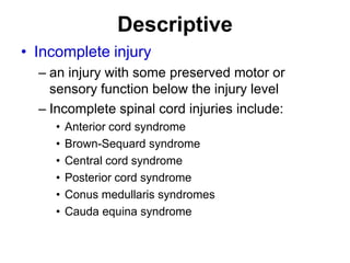 Descriptive
• Incomplete injury
– an injury with some preserved motor or
sensory function below the injury level
– Incomplete spinal cord injuries include:
• Anterior cord syndrome
• Brown-Sequard syndrome
• Central cord syndrome
• Posterior cord syndrome
• Conus medullaris syndromes
• Cauda equina syndrome
 