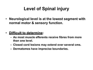 Level of Spinal injury
• Neurological level is at the lowest segment with
normal motor & sensory function.
• Difficult to determine:
– As most muscle efferents receive fibres from more
than one level.
– Closed cord lesions may extend over several cms.
– Dermatomes have imprecise boundaries.
 