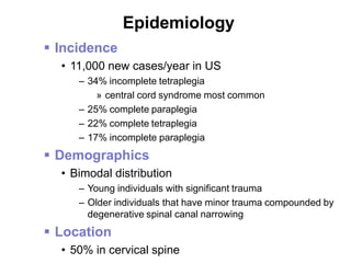 Epidemiology
 Incidence
• 11,000 new cases/year in US
– 34% incomplete tetraplegia
» central cord syndrome most common
– 25% complete paraplegia
– 22% complete tetraplegia
– 17% incomplete paraplegia
 Demographics
• Bimodal distribution
– Young individuals with significant trauma
– Older individuals that have minor trauma compounded by
degenerative spinal canal narrowing
 Location
• 50% in cervical spine
 