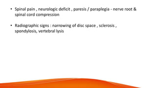 • Spinal pain , neurologic deficit , paresis / paraplegia - nerve root &
spinal cord compression
• Radiographic signs : narrowing of disc space , sclerosis ,
spondylosis, vertebral lysis
 