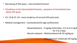 • Narrowing of IVD space , intervertebral foramen
• Cloudiness in the intervertebral foramen , presence of mineralized mass
above IVD space
• C2- C3 & C3 -C4 - more incidence of cervical IVD protrusion
• Medical management - Corticosteroid & cage confinement
Dexamethasone - 2 mg/kg initial dose , 0.2 to 0.3 mg/k
for 2 to 3 days
Muscle relaxants - Methocarbamol @ 10 mg/kg po
Chlorphenesin carbamate 50 mg/kg
 