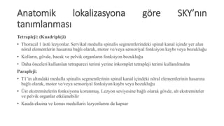 Anatomik lokalizasyona göre SKY’nın
tanımlanması
Tetrapleji: (Kuadripleji)
• Thoracal 1 üstü lezyonlar. Servikal medulla spinalis segmentlerindeki spinal kanal içinde yer alan
nöral elementlerin hasarına bağlı olarak, motor ve/veya sensoriyal fonksiyon kaybı veya bozukluğu
• Kolların, gövde, bacak ve pelvik organların fonksiyon bozukluğu
• Daha önceleri kullanılan tetraparezi terimi yerine inkomplet tetrapleji terimi kullanılmakta
Parapleji:
• T1’in altındaki medulla spinalis segmentlerinin spinal kanal içindeki nöral elementlerinin hasarına
bağlı olarak, motor ve/veya sensoriyal fonksiyon kaybı veya bozukluğu
• Üst ekstremitelerin fonksiyonu korunmuş. Lezyon seviyesine bağlı olarak gövde, alt ekstremiteler
ve pelvik organlar etkilenebilir
• Kauda ekuina ve konus medullaris lezyonlarını da kapsar
 