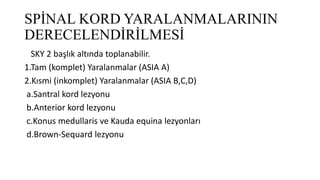 SPİNAL KORD YARALANMALARININ
DERECELENDİRİLMESİ
SKY 2 başlık altında toplanabilir.
1.Tam (komplet) Yaralanmalar (ASIA A)
2.Kısmi (inkomplet) Yaralanmalar (ASIA B,C,D)
a.Santral kord lezyonu
b.Anterior kord lezyonu
c.Konus medullaris ve Kauda equina lezyonları
d.Brown-Sequard lezyonu
 