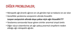 DİĞER PROBLEMLER;
• Nöropatik ağrı;kronik ağrının en sık görülen tipi ve tedavisi en zor olan
• Genellikle yaralanma seviyesinin altında hissedilir.
Lezyon seviyesinin altında duyu yoksa niçin ağrı hissedilir???
• Yaralanma sonrasında hasar gören sinirler anormal sinyal üretir.
• Diğer vücut sistemlerine ait ağrı yoksa,anormal sinyallerin neden
olduğu ağrı nöropatik ağrıdır.
 