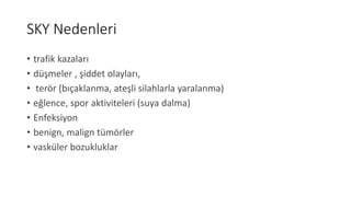 SKY Nedenleri
• trafik kazaları
• düşmeler , şiddet olayları,
• terör (bıçaklanma, ateşli silahlarla yaralanma)
• eğlence, spor aktiviteleri (suya dalma)
• Enfeksiyon
• benign, malign tümörler
• vasküler bozukluklar
 