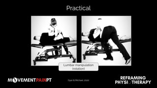 Lumbar manipulation
(rotation)
Gyer & Michael. 2020
Practical
 