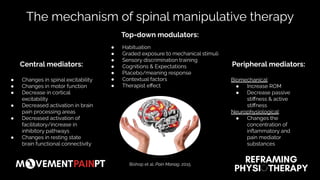 The mechanism of spinal manipulative therapy
Central mediators:
● Changes in spinal excitability
● Changes in motor function
● Decrease in cortical
excitability
● Decreased activation in brain
pain processing areas
● Decreased activation of
facilitatory/increase in
inhibitory pathways
● Changes in resting state
brain functional connectivity
Top-down modulators:
● Habituation
● Graded exposure to mechanical stimuli
● Sensory discrimination training
● Cognitions & Expectations
● Placebo/meaning response
● Contextual factors
● Therapist eﬀect
Biomechanical:
● Increase ROM
● Decrease passive
stiﬀness & active
stiﬀness
Neurophysiological:
● Changes the
concentration of
inﬂammatory and
pain mediator
substances
Peripheral mediators:
Bishop et al. Pain Manag. 2015
 
