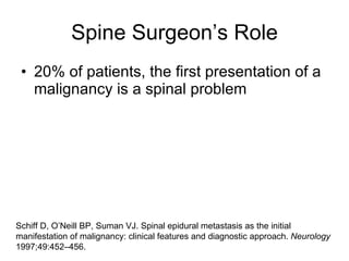 Spine Surgeon’s Role 20% of patients, the first presentation of a malignancy is a spinal problem Schiff D, O’Neill BP, Suman VJ. Spinal epidural metastasis as the initial manifestation of malignancy: clinical features and diagnostic approach.  Neurology  1997;49:452–456. 