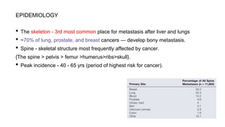 EPIDEMIOLOGY
• The skeleton - 3rd most common place for metastasis after liver and lungs
• ~70% of lung, prostate, and breast cancers — develop bony metastasis.
• Spine - skeletal structure most frequently affected by cancer.
{The spine > pelvis > femur >humerus>ribs>skull}.
• Peak incidence - 40 - 65 yrs (period of highest risk for cancer).
 