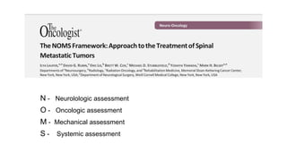 N - Neurolologic assessment
O - Oncologic assessment
M - Mechanical assessment
S - Systemic assessment
 