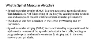 What is Spinal Muscular Atrophy?
• Spinal muscular atrophy (SMA) is a rare autosomal recessive disease
that deteriorates NM functioning of the body by causing motor neurons
loss and associated muscle weakness.(when muscles get smaller).
• The disease was first described in the 1890s by Werdnig and by
Hoffmann.
• Spinal muscular atrophy (SMA) is characterized by degeneration of the
alpha motor neurons of the spinal cord anterior horn cells, leading to
progressive proximal muscle weakness & atrophy and in the most
severe types, paralysis.
 