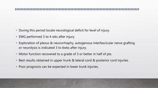 • During this period locate neurological deficit for level of injury.
• EMG performed 3 to 4 wks after injury.
• Exploration of plexus & neurorrhaphy, autogenous interfascicular nerve grafting
or neurolysis is indicated 3 to 6wks after injury.
• Motor function recovered to a grade of 3 or better in half of pts.
• Best results obtained in upper trunk & lateral cord & posterior cord injuries.
• Poor prognosis can be expected in lower trunk injuries.
 