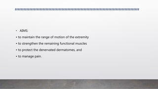 • AIMS:
• to maintain the range of motion of the extremity
• to strengthen the remaining functional muscles
• to protect the denervated dermatomes, and
• to manage pain.
 