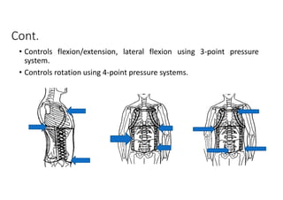 Cont.
• Controls flexion/extension, lateral flexion using 3-point pressure
system.
• Controls rotation using 4-point pressure systems.
 