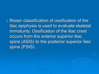  Risser classification of ossification of the
iliac epiphysis is used to evaluate skeletal
immaturity. Ossification of the iliac crest
occurs from the anterior superior iliac
spine (ASIS) to the posterior superior iliac
spine (PSIS).
 