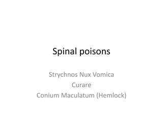 Spinal poisons
Strychnos Nux Vomica
Curare
Conium Maculatum (Hemlock)
 