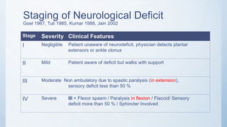Staging of Neurological Deficit
Goel 1967, Tuli 1985, Kumar 1988, Jain 2002
Stage Severity Clinical Features
I Negligible Patient unaware of neurodeficit, physician detects plantar
extensors or ankle clonus
II Mild Patient aware of deficit but walks with support
III Moderate Non ambulatory due to spastic paralysis (in extension),
sensory deficit less than 50 %
IV Severe III + Flexor spasm / Paralysis in flexion / Flaccid/ Sensory
deficit more than 50 % / Sphincter Involved
 
