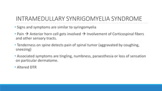 INTRAMEDULLARY SYNRIGOMYELIA SYNDROME
• Signs and symptoms are similar to syringomyelia
• Pain  Anterior horn cell gets involved  Involvement of Corticospinal fibers
and other sensory tracts.
• Tenderness on spine detects pain of spinal tumor (aggravated by coughing,
sneezing)
• Associated symptoms are tingling, numbness, paraesthesia or loss of sensation
on particular dermatome.
• Altered DTR
 