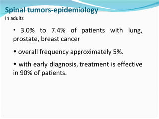 In adults  3.0% to 7.4% of patients with lung, prostate, breast cancer overall frequency approximately 5%. with early diagnosis, treatment is effective in 90% of patients.  Spinal tumors-epidemiology 