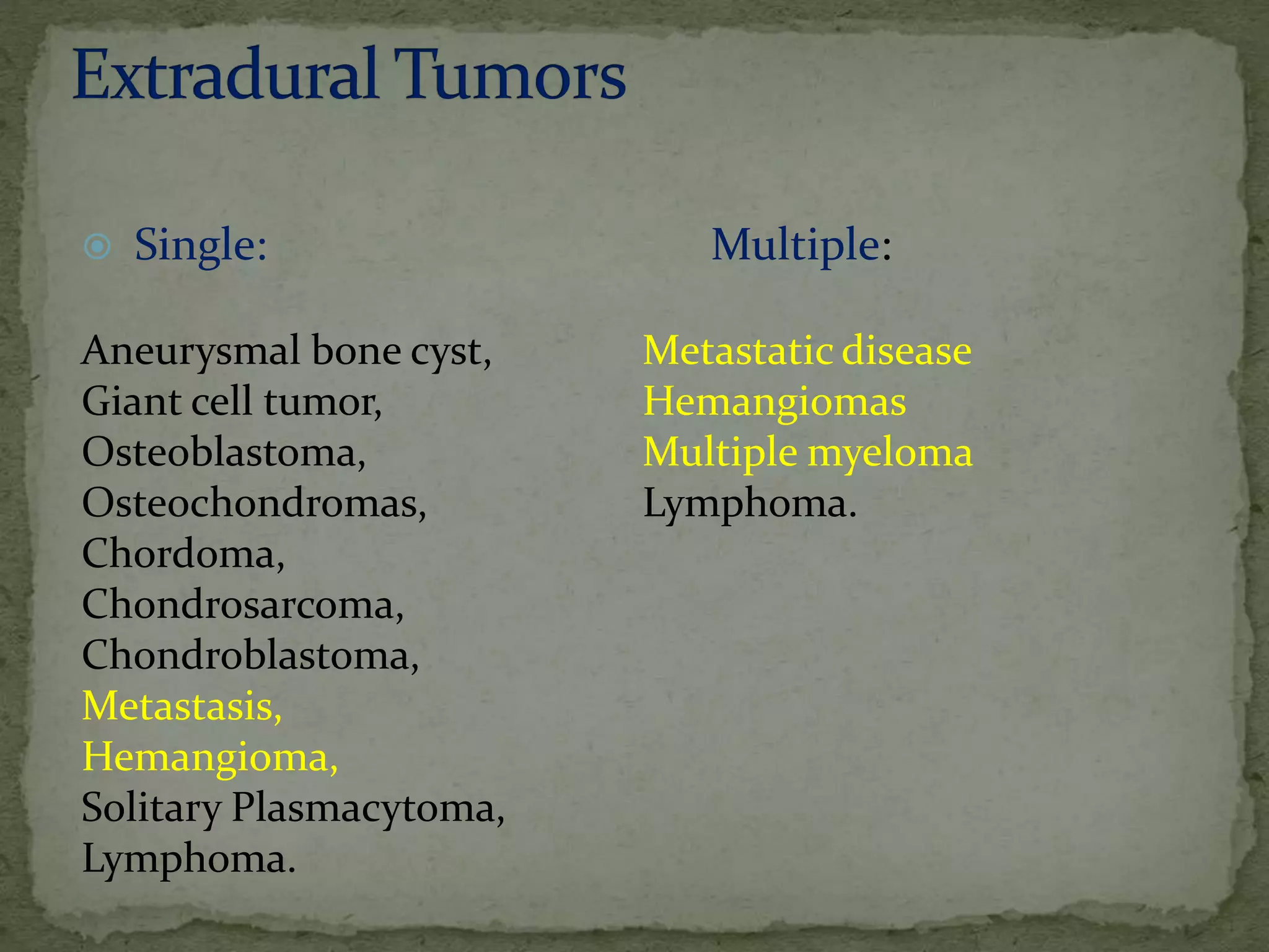 Multiple:
Metastatic disease
Hemangiomas
Multiple myeloma
Lymphoma.
 Single:
Aneurysmal bone cyst,
Giant cell tumor,
Osteoblastoma,
Osteochondromas,
Chordoma,
Chondrosarcoma,
Chondroblastoma,
Metastasis,
Hemangioma,
Solitary Plasmacytoma,
Lymphoma.
 