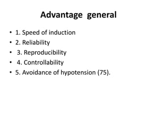 Advantage general
• 1. Speed of induction
• 2. Reliability
• 3. Reproducibility
• 4. Controllability
• 5. Avoidance of hypotension (75).
 