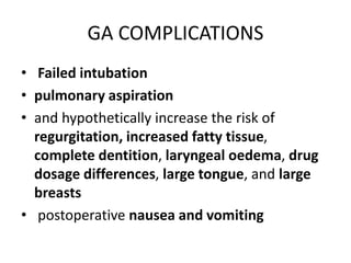 GA COMPLICATIONS
• Failed intubation
• pulmonary aspiration
• and hypothetically increase the risk of
regurgitation, increased fatty tissue,
complete dentition, laryngeal oedema, drug
dosage differences, large tongue, and large
breasts
• postoperative nausea and vomiting
 