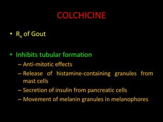 • Acute Gout
– Two doses taken 1 hour apart: 1.2 mg (two
tablets) at the first sign of a gout flare followed by
0.6 mg (on...