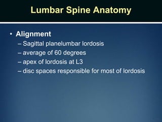 Lumbar Spine Anatomy
• Alignment
– Sagittal planelumbar lordosis
– average of 60 degrees
– apex of lordosis at L3
– disc spaces responsible for most of lordosis
 