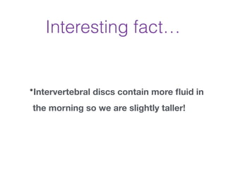 Interesting fact…
•Intervertebral discs contain more ﬂuid in
the morning so we are slightly taller!
 