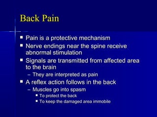 Back PainBack Pain
 Pain is a protective mechanismPain is a protective mechanism
 Nerve endings near the spine receiveNerve endings near the spine receive
abnormal stimulationabnormal stimulation
 Signals are transmitted from affected areaSignals are transmitted from affected area
to the brainto the brain
– They are interpreted as painThey are interpreted as pain
 A reflex action follows in the backA reflex action follows in the back
– Muscles go into spasmMuscles go into spasm
 To protect the backTo protect the back
 To keep the damaged area immobileTo keep the damaged area immobile
 