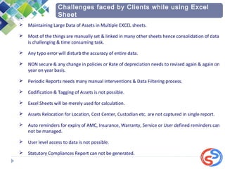  Maintaining Large Data of Assets in Multiple EXCEL sheets.
 Most of the things are manually set & linked in many other sheets hence consolidation of data
is challenging & time consuming task.
 Any typo error will disturb the accuracy of entire data.
 NON secure & any change in policies or Rate of depreciation needs to revised again & again on
year on year basis.
 Periodic Reports needs many manual interventions & Data Filtering process.
 Codification & Tagging of Assets is not possible.
 Excel Sheets will be merely used for calculation.
 Assets Relocation for Location, Cost Center, Custodian etc. are not captured in single report.
 Auto reminders for expiry of AMC, Insurance, Warranty, Service or User defined reminders can
not be managed.
 User level access to data is not possible.
 Statutory Compliances Report can not be generated.
Challenges faced by Clients while using Excel
Sheet
 