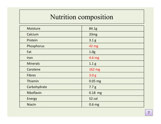 Nutrition composition
Moisture 84.1g
Calcium 33mg
Protein 3.1 g
Phosphorus 42 mg
Fat 1.0g
Iron 4.6 mg
Minerals 1.1 gMinerals 1.1 g
Carotene 162 mg
Fibres 3.0 g
Thiamin 0.05 mg
Carbohydrate 7.7 g
Riboflavin 0.18 mg
Energy 52 cal
Niacin 0.6 mg
77
 