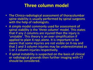 Three column model
• The Clinico-radiological assessment of thoracolumbar
spine stability is usually performed by spinal surgeons
with the help of radiologists.
• A simple model commonly used for assessment of
spinal stability is the 'three column' model. This states
that if any 2 columns are injured then the injury is
'unstable'. This theory is an over simplification if
applied to plain X-rays alone. It is important to be
aware that some injuries are not visible on X-ray and
that 2 and 3 column injuries may be underestimated as
1 or 2 column injuries respectively.
• If spinal instability is suspected on the basis of clinical
or radiological grounds then further imaging with CT
should be considered.
 