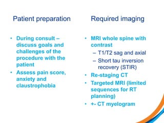 Patient preparation
• During consult –
discuss goals and
challenges of the
procedure with the
patient
• Assess pain score,
anxiety and
claustrophobia
• MRI whole spine with
contrast
– T1/T2 sag and axial
– Short tau inversion
recovery (STIR)
• Re-staging CT
• Targeted MRI (limited
sequences for RT
planning)
• +- CT myelogram
Required imaging
 