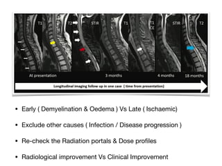 • Early ( Demyelination & Oedema ) Vs Late ( Ischaemic)

• Exclude other causes ( Infection / Disease progression )

• Re-check the Radiation portals & Dose proﬁles

• Radiological improvement Vs Clinical Improvement
 