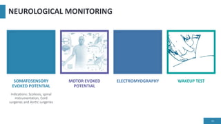 NEUROLOGICAL MONITORING
16
SOMATOSENSORY
EVOKED POTENTIAL
MOTOR EVOKED
POTENTIAL
ELECTROMYOGRAPHY WAKEUP TEST
Indications: Scoliosis, spinal
instrumentation, Cord
surgeries and Aortic surgeries
 