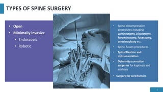 TYPES OF SPINE SURGERY
• Spinal decompression
procedures including
Laminectomy, Discectomy,
Foraminotomy, Facectomy,
vertebroplasty etc.
• Spinal fusion procedures
• Spinal fixation and
instrumentation
• Deformity correction
surgeries for kyphosis and
scoliosis
• Surgery for cord tumors
• Open
• Minimally invasive
• Endoscopic
• Robotic
3
 