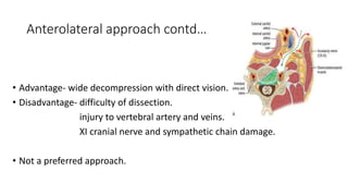 Anterolateral approach contd…
• Advantage- wide decompression with direct vision.
• Disadvantage- difficulty of dissection.
injury to vertebral artery and veins.
XI cranial nerve and sympathetic chain damage.
• Not a preferred approach.
 
