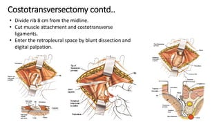 Costotransversectomy contd..
• Divide rib 8 cm from the midline.
• Cut muscle attachment and costotransverse
ligaments.
• Enter the retropleural space by blunt dissection and
digital palpation.
 