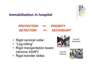 Immobilization in hospital
PROTECTION => PRIORITY
DETECTION => SECONDARY
• Rigid cervical collar
• “Log-rolling”
• Rigid transportation board
(remove ASAP)
• Rigid transfer slides
Log roll
(incorrect)
Log roll
(correct)
 