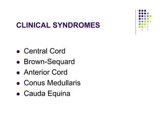 CLINICAL SYNDROMES
Central Cord
Brown-Sequard
Anterior Cord
Conus Medullaris
Cauda Equina
 
