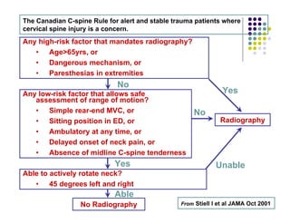 Any high-risk factor that mandates radiography?
• Age>65yrs, or
• Dangerous mechanism, or
• Paresthesias in extremities
Any low-risk factor that allows safe
assessment of range of motion?
• Simple rear-end MVC, or
• Sitting position in ED, or
• Ambulatory at any time, or
• Delayed onset of neck pain, or
• Absence of midline C-spine tenderness
Able to actively rotate neck?
• 45 degrees left and right
Radiography
No Radiography
The Canadian C-spine Rule for alert and stable trauma patients where
cervical spine injury is a concern.
From Stiell I et al JAMA Oct 2001
No
Yes
Yes
No
Able
Unable
 