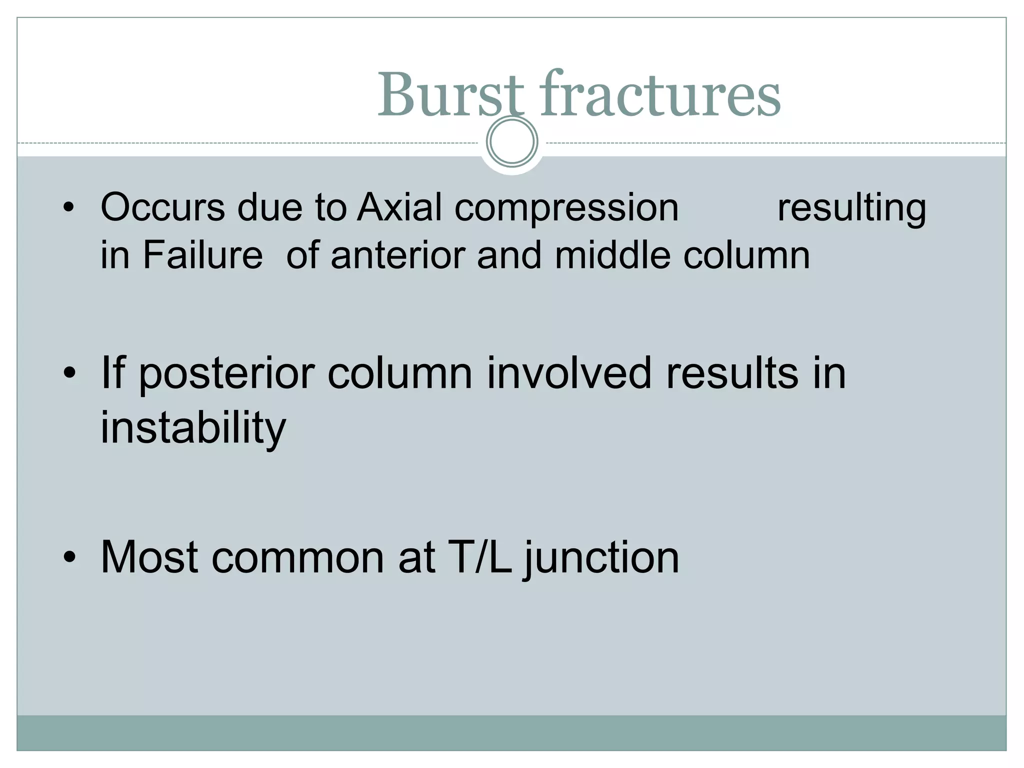 Burst fractures
• Occurs due to Axial compression resulting
in Failure of anterior and middle column
• If posterior column involved results in
instability
• Most common at T/L junction
 
