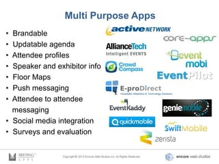 Multi Purpose Apps
• Brandable
• Updatable agenda
• Attendee profiles
• Speaker and exhibitor info
• Floor Maps
• Push messaging
• Attendee to attendee
  messaging
• Social media integration
• Surveys and evaluation
 