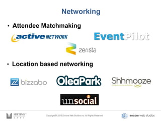 Networking
• Attendee Matchmaking




• Location based networking
 