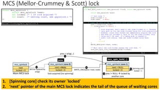 MCS (Mellor-Crummey & Scott) lock
1. [Spinning core] check its owner `locked`
2. ‘next’ pointer of the main MCS lock indicates the tail of the queue of waiting cores
mcs_spinlock
next
locked = 0
Main MCS lock
mcs_spinlock (core 0)
next = NULL
locked = 0
prev = xchg(…)
lock acquired (no spinning)
mcs_spinlock (core 1)
next = NULL
locked = 0
mcs_spin_lock(…)
prev != NULL → locked by
another core
Will be replaced by
xchg()
1
2
3
4
WRITE_ONCE(prev->next, node) 5 Spinning until
locked = 1
prev
 