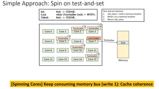 Simple Approach: Spin on test-and-set
Core 0 Core 1 Core 2 Core 3
Core 4 Core 5 Core 6 Core 7
Core 8 Core 9 Core 10 Core 11
Core 12 Core 13 Core 14 Core 15 Memory
lock
Lock holder
TestAndSet
TestAndSet
TestAndSet TestAndSet
TestAndSet
[Spinning Cores] Keep consuming memory bus (write 1): Cache coherence
Test-and-set (atomic):
1. old_value = read a memory location
2. Write 1 to a memory location
3. Return old_value
 