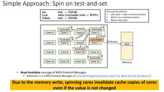 Simple Approach: Spin on test-and-set
Core 0 Core 1 Core 2 Core 3
Core 4 Core 5 Core 6 Core 7
Core 8 Core 9 Core 10 Core 11
Core 12 Core 13 Core 14 Core 15 Memory
lock
Lock holder
TestAndSet
TestAndSet
TestAndSet TestAndSet
TestAndSet
Due to the memory write, spinning cores invalidate cache copies of cores
even if the value is not changed
Invalidate
Invalidate
Test-and-set (atomic):
1. old_value = read a memory location
2. Write 1 to a memory location
3. Return old_value
• Read Invalidate message of MESI Protocol Messages
✓ Reference: C.2.2 MESI Protocol Messages of Is Parallel Programming Hard, And, If So, What Can You Do About It?
 