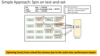 Simple Approach: Spin on test-and-set
Core 0 Core 1 Core 2 Core 3
Core 4 Core 5 Core 6 Core 7
Core 8 Core 9 Core 10 Core 11
Core 12 Core 13 Core 14 Core 15 Memory
lock
Lock holder
Test-and-set (atomic):
1. old_value = read a memory location
2. Write 1 to a memory location
3. Return old_value
TestAndSet
TestAndSet
TestAndSet TestAndSet
TestAndSet
[Spinning Cores] Cores reload the memory due to the cache miss: performance impact
Cache miss: reload
Cache miss: reload
 